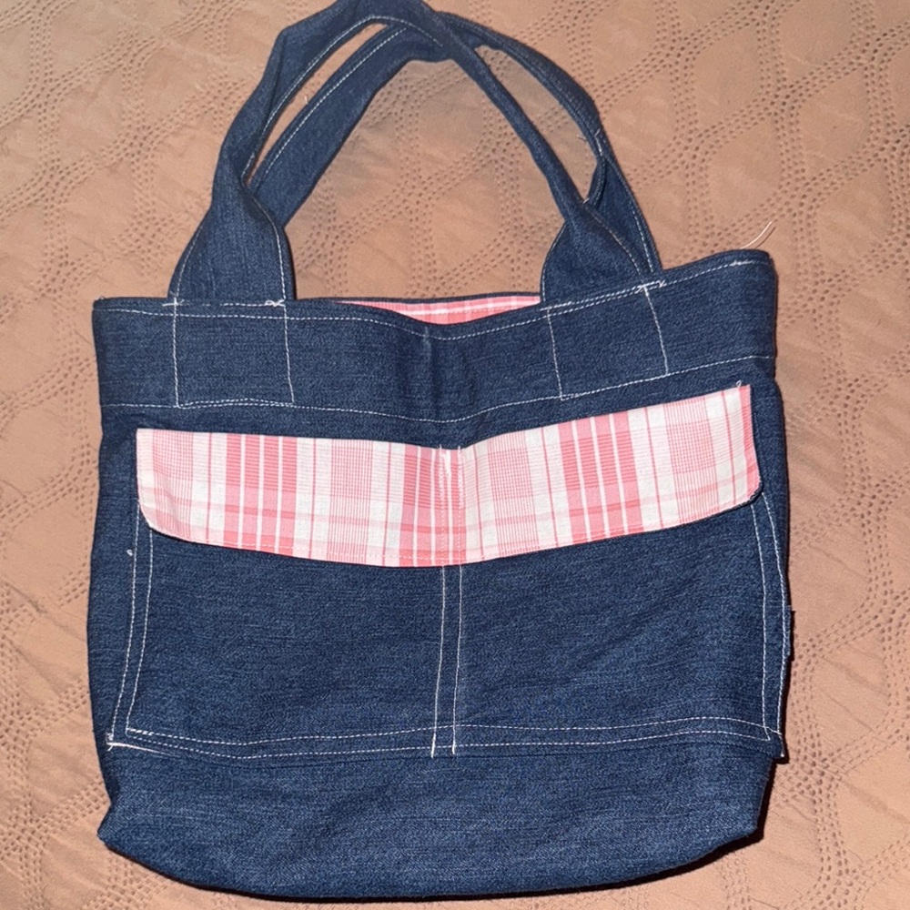 Denim Tote Bag with Pink Accents